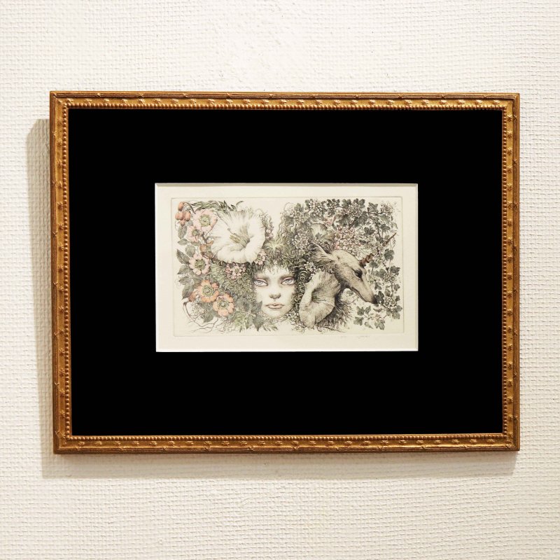 林 由紀子 銅版画 （手彩色）「フローラの迷宮」額装品 サイン入り - y