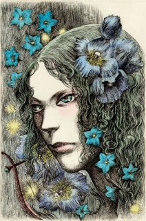 林 由紀子　銅版画（手彩色）「青い夢の花」（シート）