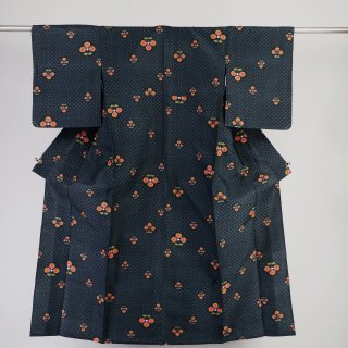 単衣　紬　絣織り　未着用品　オレンジ色の小花　美品　裄丈62.5�