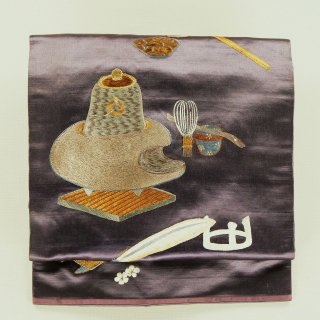 アンティーク名古屋帯　繻子帯　刺繍　茶道具