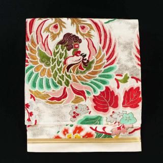 袋帯、飾り帯　骨董帯　古布 袋帯 螺鈿箔 正絹 絹 金糸 銀糸 黒地 黒 花唐草 横段 花菱 網代