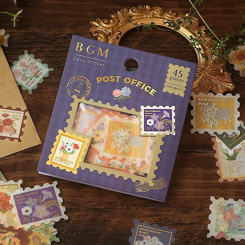 フレークシール“箔押し” 「郵便局・風景」15デザイン×3枚 - BGM