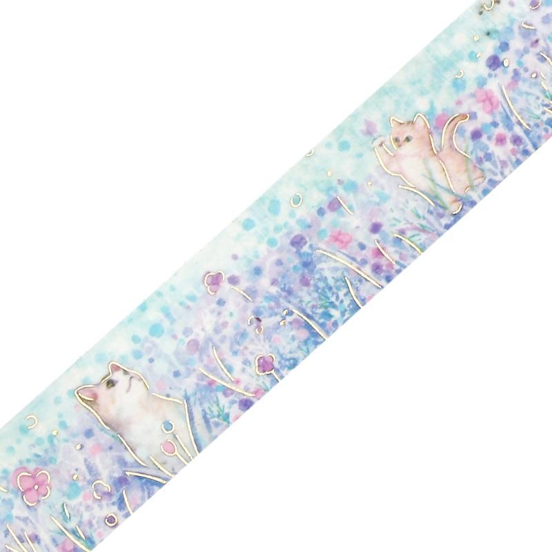 マスキングテープ “箔押し”花と猫・ハチワレ猫さん 20mm*5m
