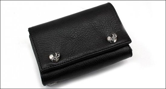 クロムハーツ 財布（Chrome Hearts）3フォールド ハートボタン ブラック ヘビーレザーウォレット（クロム・ハーツ）