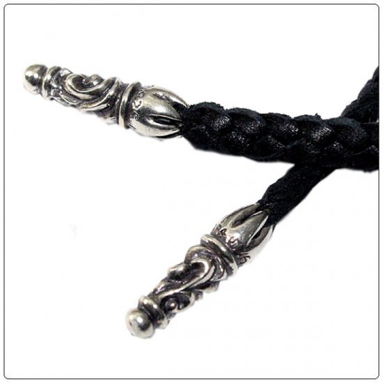 CHROME HEARTS クロムハーツ LEATHER BRAID SCROLL ネックレス レザーブレイド タイニー スクロールチップ 革紐 ボロチップ ブラック