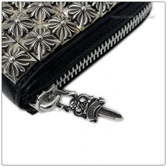 大人気▼CHROME HEARTS クロムハーツ REC F ZIP ゼロピラミッド スタッズコーナー ラウンドジップ レザーウォレット/長財布 黒 メンズ