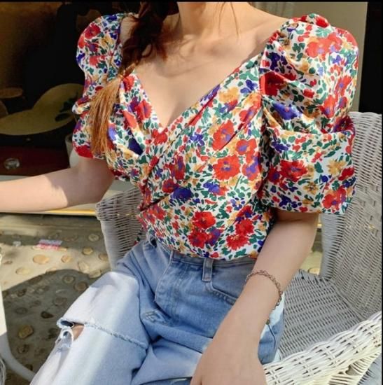 可愛い ブラウス 花柄 トップス レディース ファッション トップス カットソー レディース Vネック レディース 長袖カットソー 春夏新作 レディース Jm7132 ワンピの里