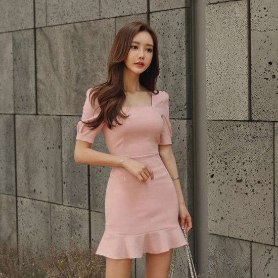 ミニワンピース リゾート レディース 大きいサイズ 裾フリル ピンク 韓国 ファッション パーティードレス ワンピース ドレス 可愛い 袖あり ミニ丈 Ta71 ワンピの里