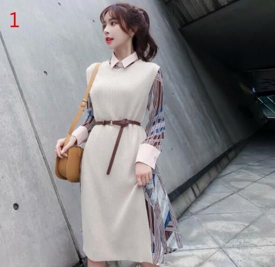 韓国 ファッション レディース セットアップ 秋 長袖 シャツカラー プリント シフォンワンピ 袖なし ニットベスト リボン付き Cn9051 ワンピの里 韓国 ファッション レディース セットアップ 秋 長袖 シャツカラー プリント シフォンワンピ 袖なし ニットベスト リボン付き Cn9051 ワンピの里