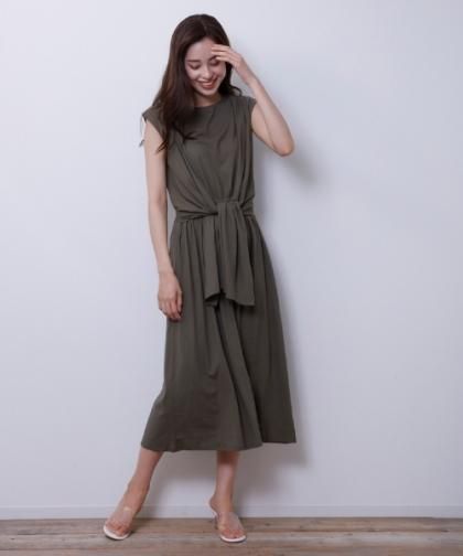 【LADIES】M.deux/ウエストリボンカットワンピース カーキ