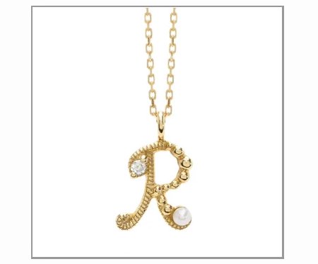 K10イニシャルネックレス「R」ダイヤモンドとパールのペンダントネックレス