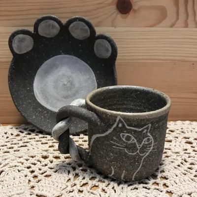 kuu 陶器　作家　猫　8個セット 泰木窯】猫の手皿のカップ＆ソーサー炭化「2匹のネコ」 C - 猫雑貨の