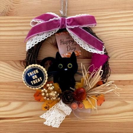 【早期割り】黒猫ちゃんのハロウィンリース 小さめ*.+゜ 造花リース