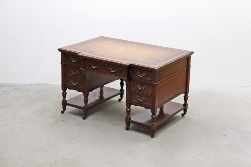 英国 イギリス Maple Co ヴィンテージ マホガニー材 本革 デスク キャスター付き 書斎 役員 Pc 机 アンティーク