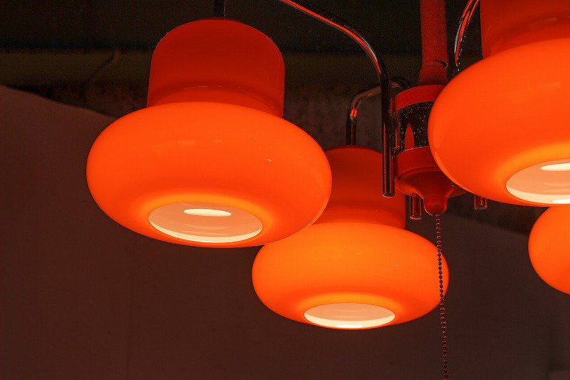 レトロ シャンデリア 照明 ヴィンテージ ナショナル ガラス 4灯 オレンジ