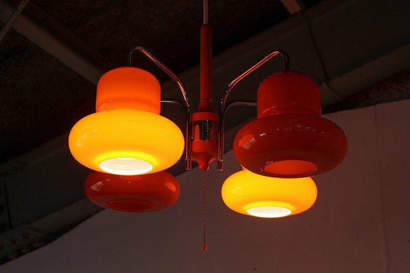 レトロ シャンデリア 照明 ヴィンテージ ナショナル ガラス 4灯 オレンジ