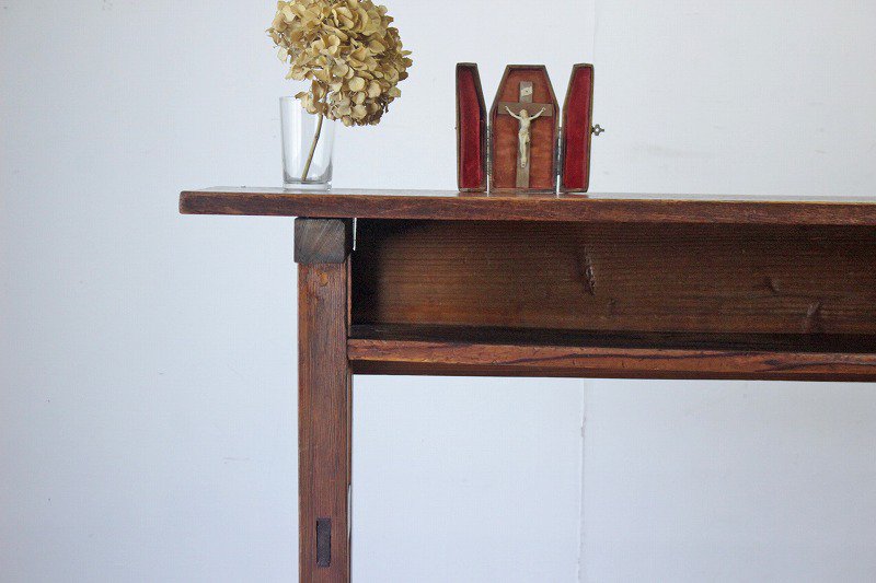 レトロ 作業台 展示台 長机 テーブル 無垢材 棚付き 古道具