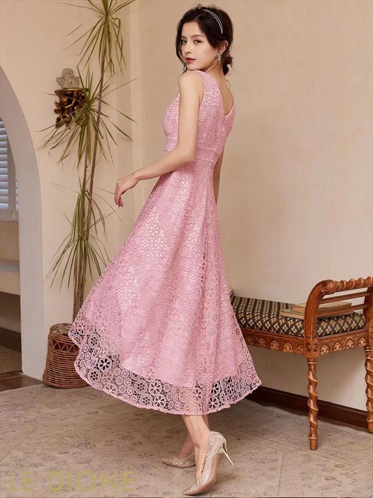 美品✨ケイミー レース キーネック　ペプラム ピンク ワンピース 9 M相当 美品✨ケイミー レース キーネック ペプラム ピンク ワンピース 9 M