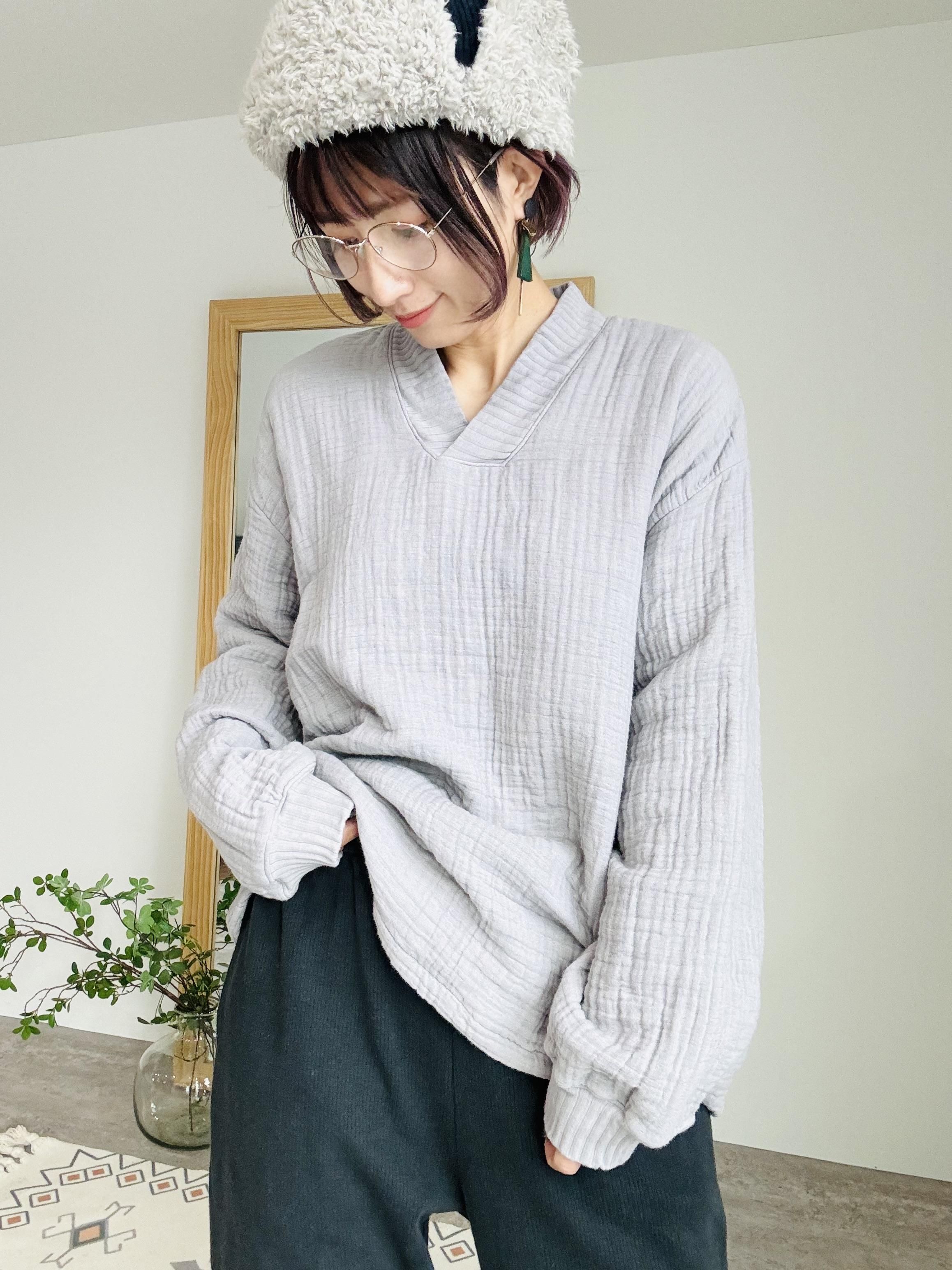 Vネックもこもこガーゼプルオーバー | ライトグレー | 三河織物6 Vネックもこもこガーゼプルオーバー | ライトグレー | 三河織物6