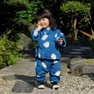 長袖 ベビー甚平/インディゴブルードット/知多木綿 3重ガーゼ