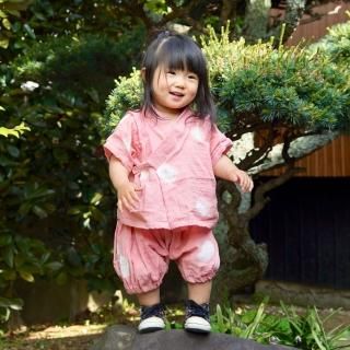 半袖 ベビー甚平/ピンクドット/80-110cm/知多木綿 ダブルガーゼ