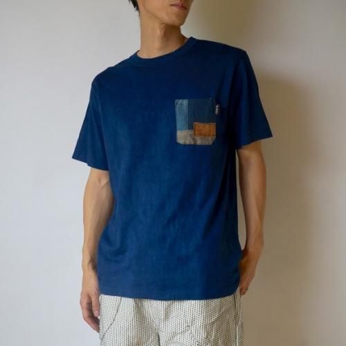 パッチアートポケットTシャツ/本藍染/和歌山県産 ニット編生地