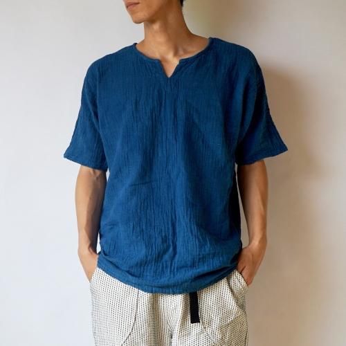 キーネックガーゼTシャツ/ブルー/知多木綿 ダブルガーゼ