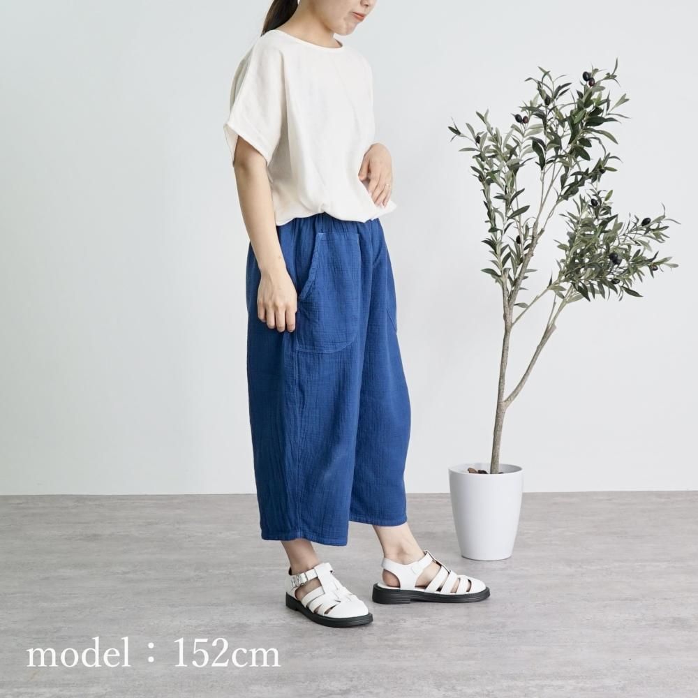 福袋 オンライン 七分丈バルーンパンツ/インディゴブルー/知多木綿 格子柄ガーゼ パンツ