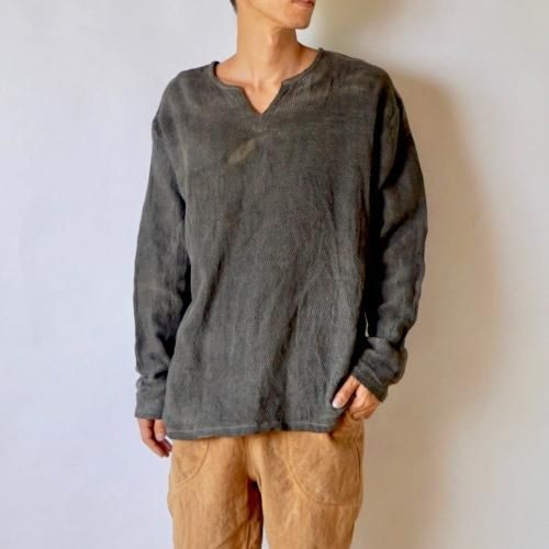 長袖キーネックTシャツ/グレー /知多木綿ダイヤガーゼ