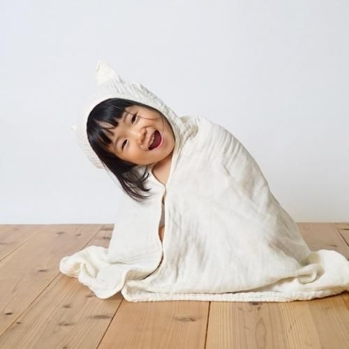 くま耳ベビーアフガン/生成り/3重ガーゼ 知多木綿