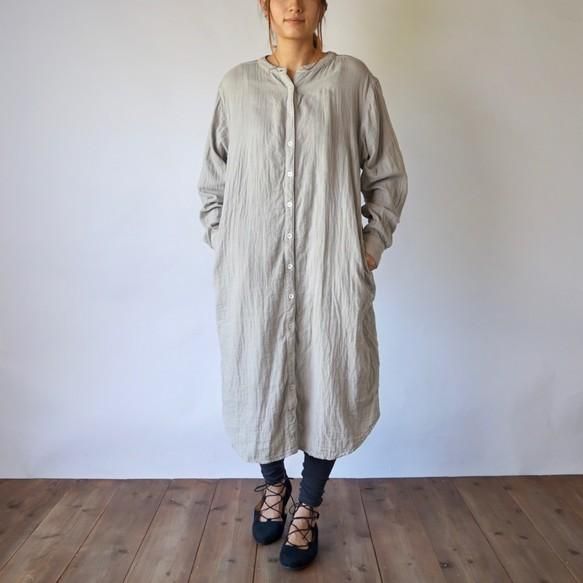 ノーカラー ガーゼ シャツワンピース ピンクグレー 知多木綿 ノーカラー ガーゼ シャツワンピース ピンクグレー 知多木綿