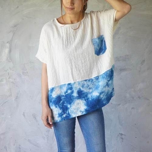ゆったりガーゼTシャツ/ツートンまだらインディゴ/知多木綿 ダブルガーゼ