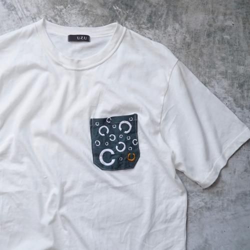 ポケットTシャツ/生成り/そーしゃるでぃすたんす柄/和歌山県産ニット