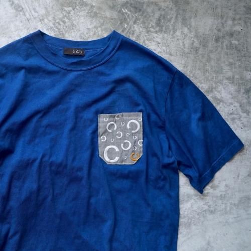ポケットTシャツ/ブルー/そーしゃるでぃすたんす柄/和歌山県産ニット