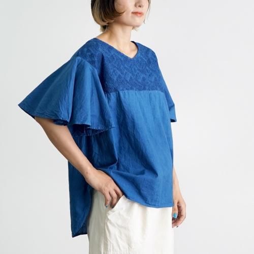 刺繍フリルスリーブTシャツ/インディゴブルー/三河織物