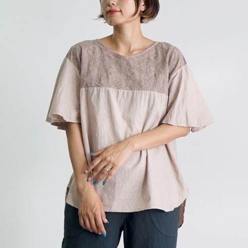 刺繍フリルスリーブTシャツ/ピンクベージュ/三河織物