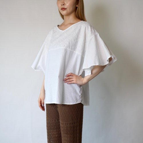 刺繍フリルスリーブTシャツ/ホワイト/三河織物