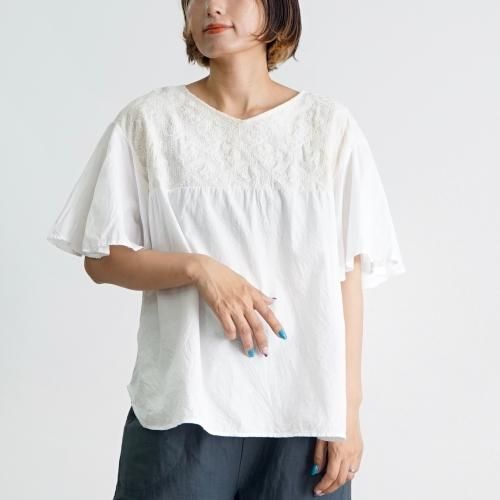 刺繍フリルスリーブTシャツ/ホワイト/三河織物