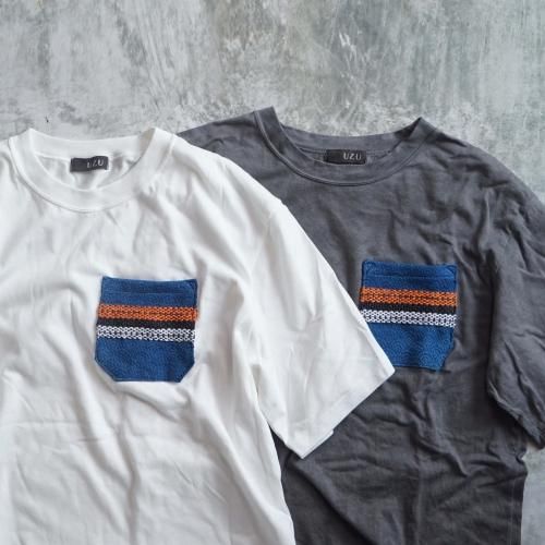 ポケットTシャツ(青海波)/生成りor 柿渋グレー/ 和歌山県産ニット