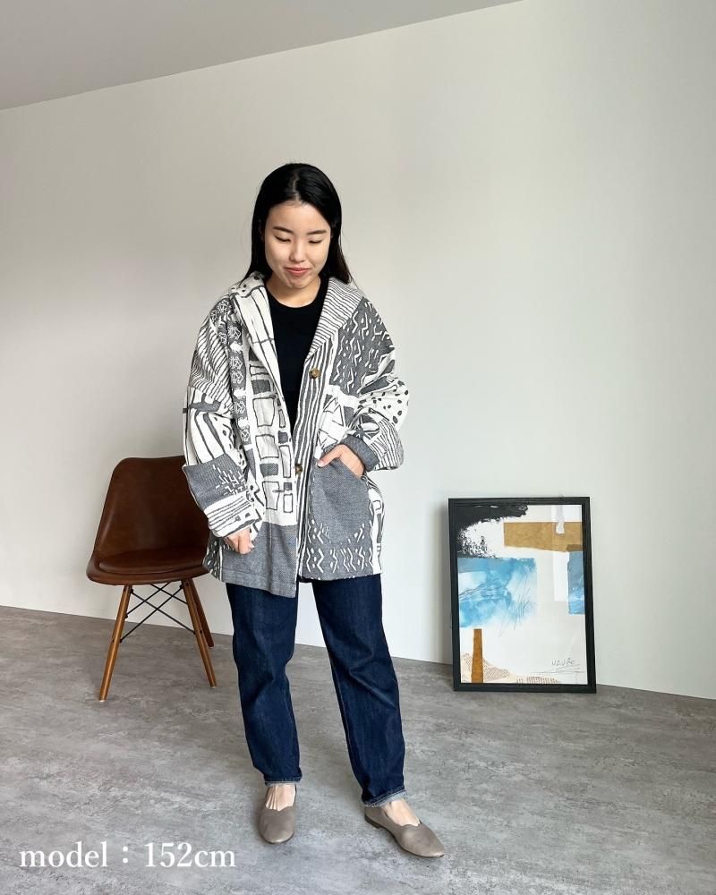 くつろ着カーディガン-UMIBE-/グレー/尾州ジャガードニット