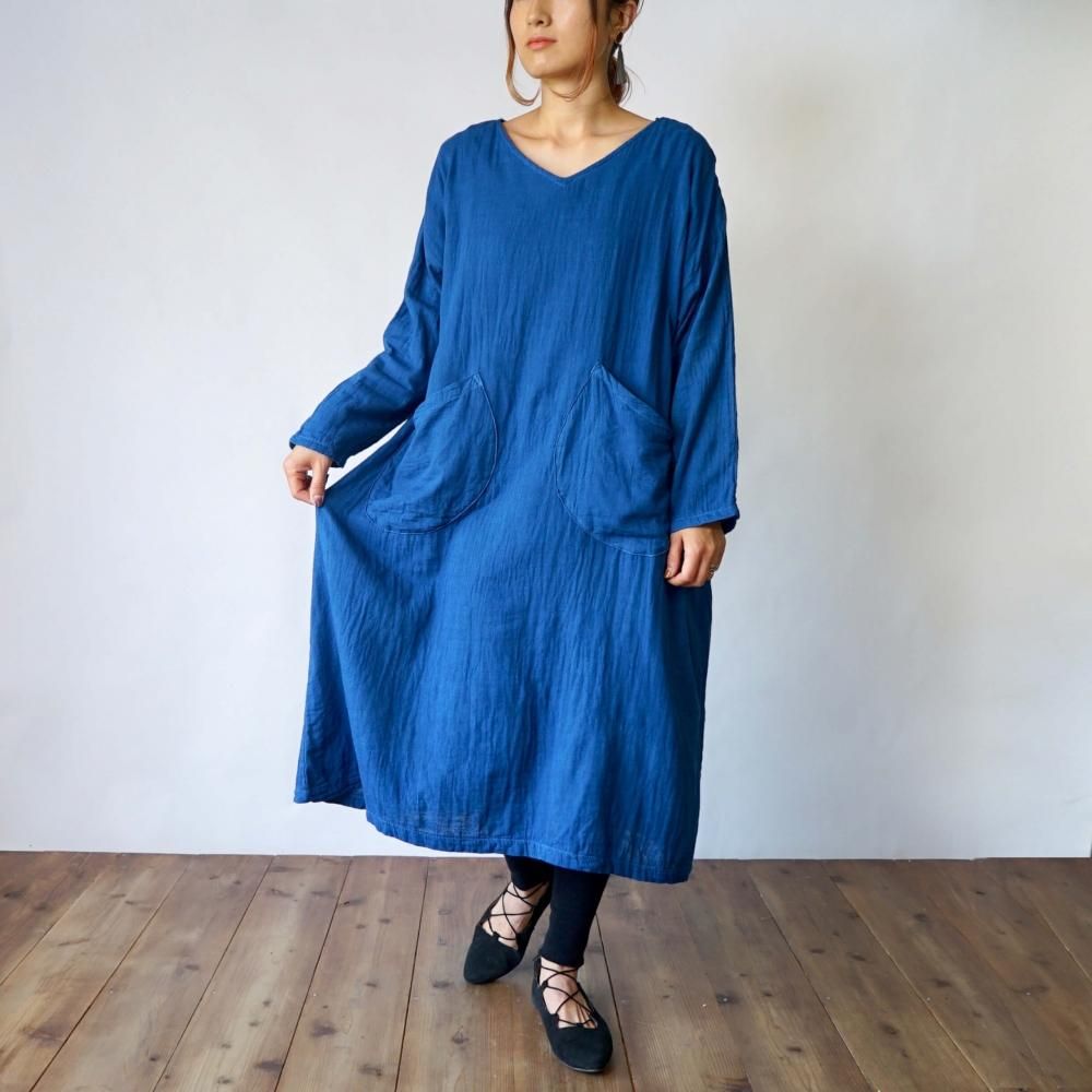 Vネック長袖ワンピース インディゴブルー 知多木綿ダブルガーゼ