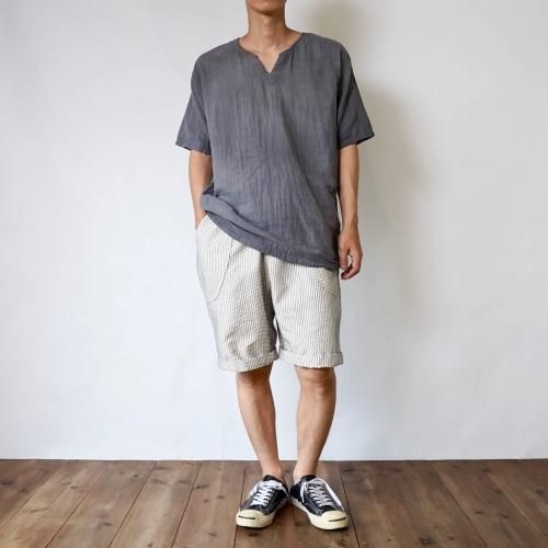 【福袋】キーネックガーゼTシャツ/グレー + 一本刺し子 ハーフパンツ/生成り