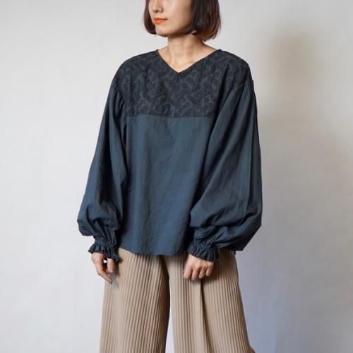 刺繍ブラウス バルーンスリーブ/ブラック/三河織物