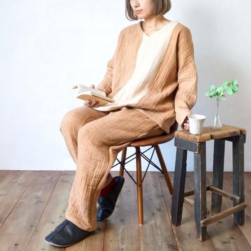 極上もこもこパジャマ 上下セット/ブラウンベージュ/6重ガーゼ三河織物