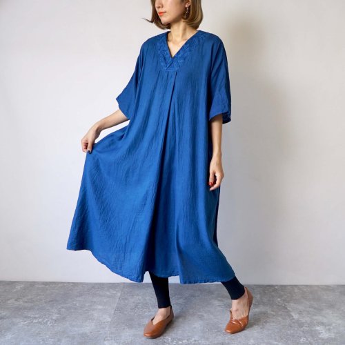 襟刺繍ワンピース/ブルー/三河織物