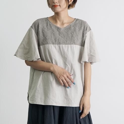 刺繍フリルスリーブTシャツ/カーキ/三河織物