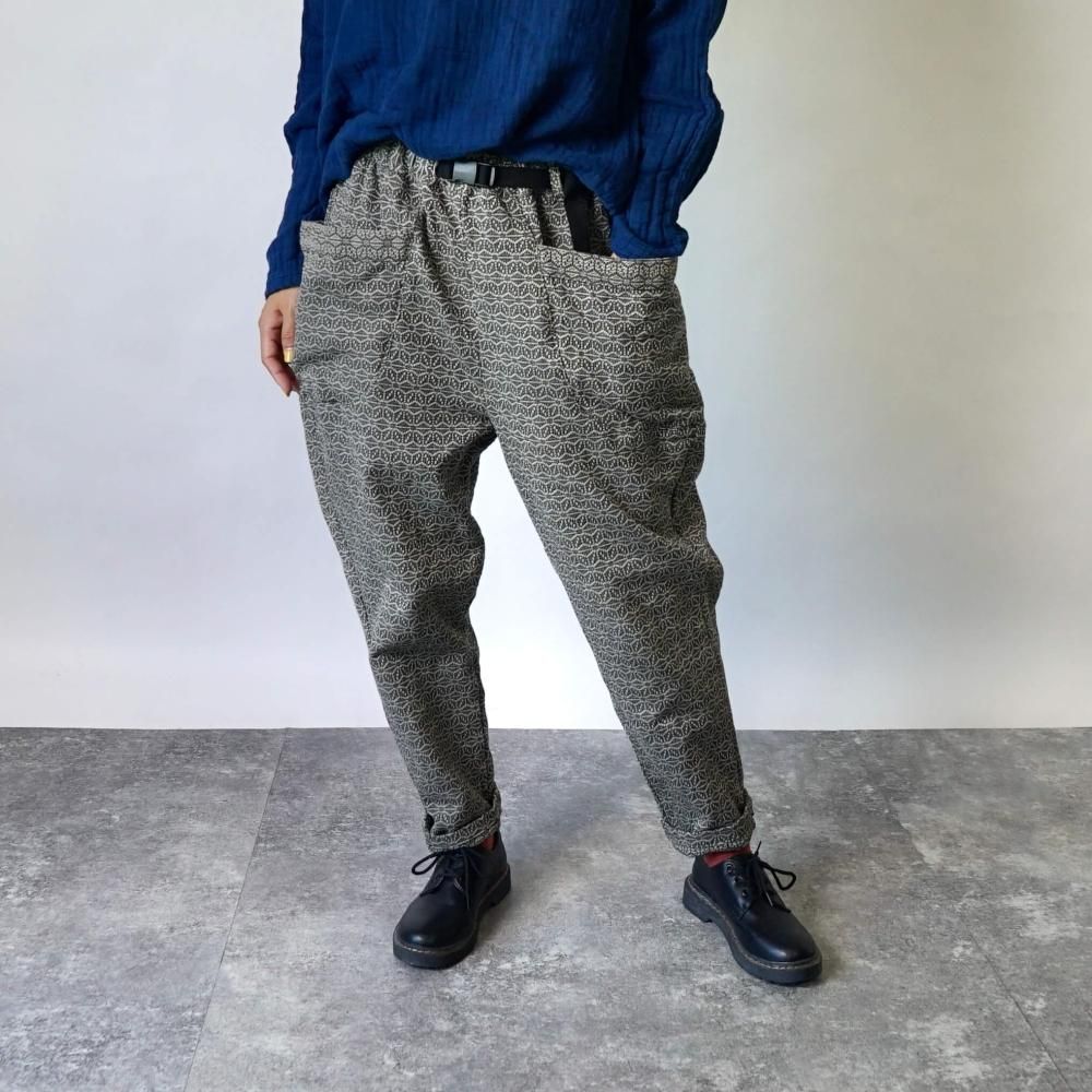 麻柄キャンプワークパンツ/カーキ/刺し子織