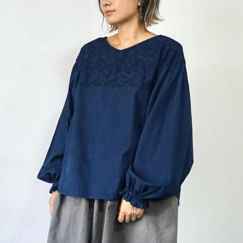 刺繍ブラウス バルーンスリーブ/ネイビー/三河織物