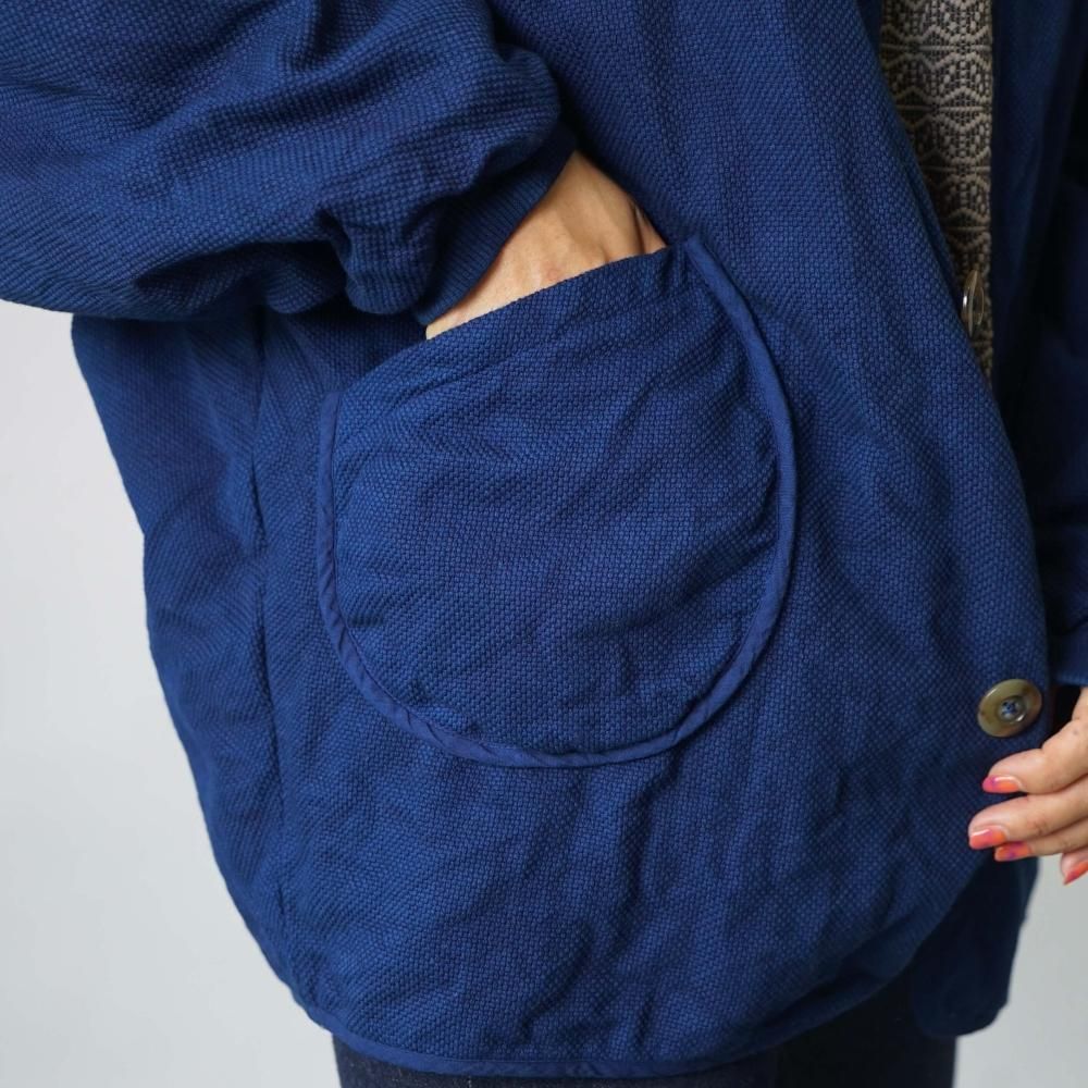 ノーカラージャケット/ネイビー/三河木綿 刺し子織