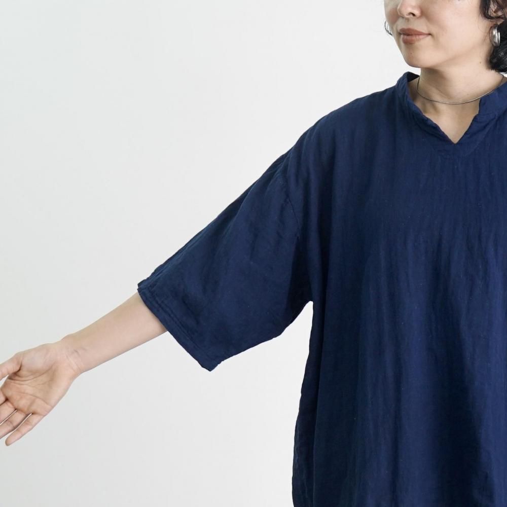 UZUIRO 知多綿チェックガーゼTシャツ TSUGIHAGIブルー キーネック ガーゼTシャツ|ネイビー - UZUiRO(ウズイロ) / 公式